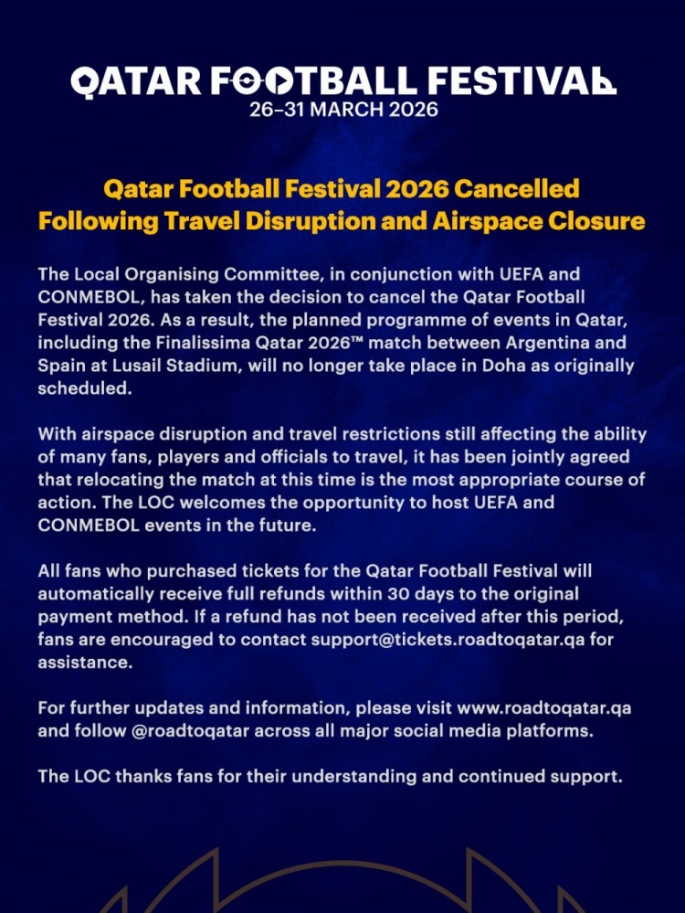 华体会官网-官方：2026年卡塔尔足球节因旅行中断和领空关闭取消